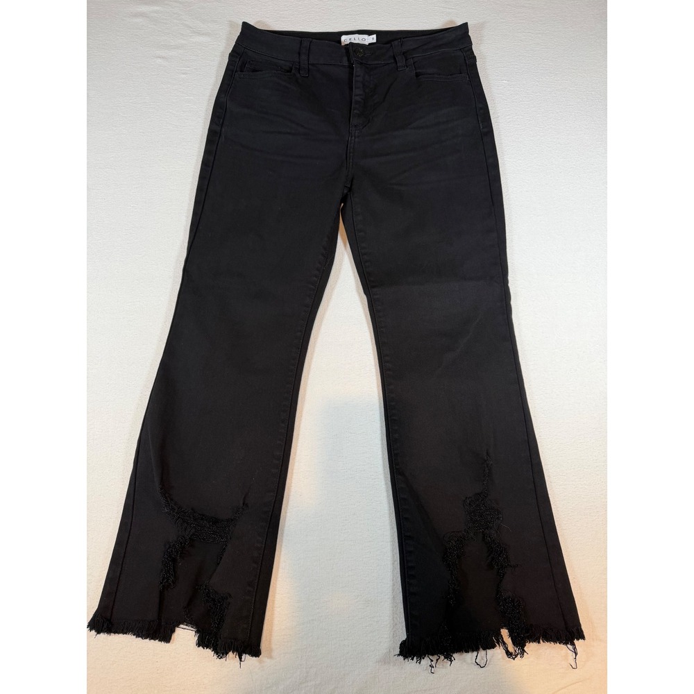 Cello Jeans Womens 9 Black Cropped Flare Distressed Frayed Hem Denim Pants New